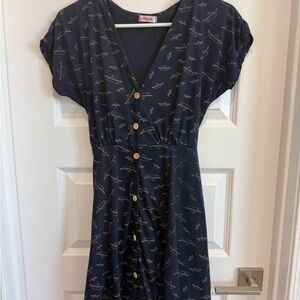Navy Button-Front Paper Boat Print Dress